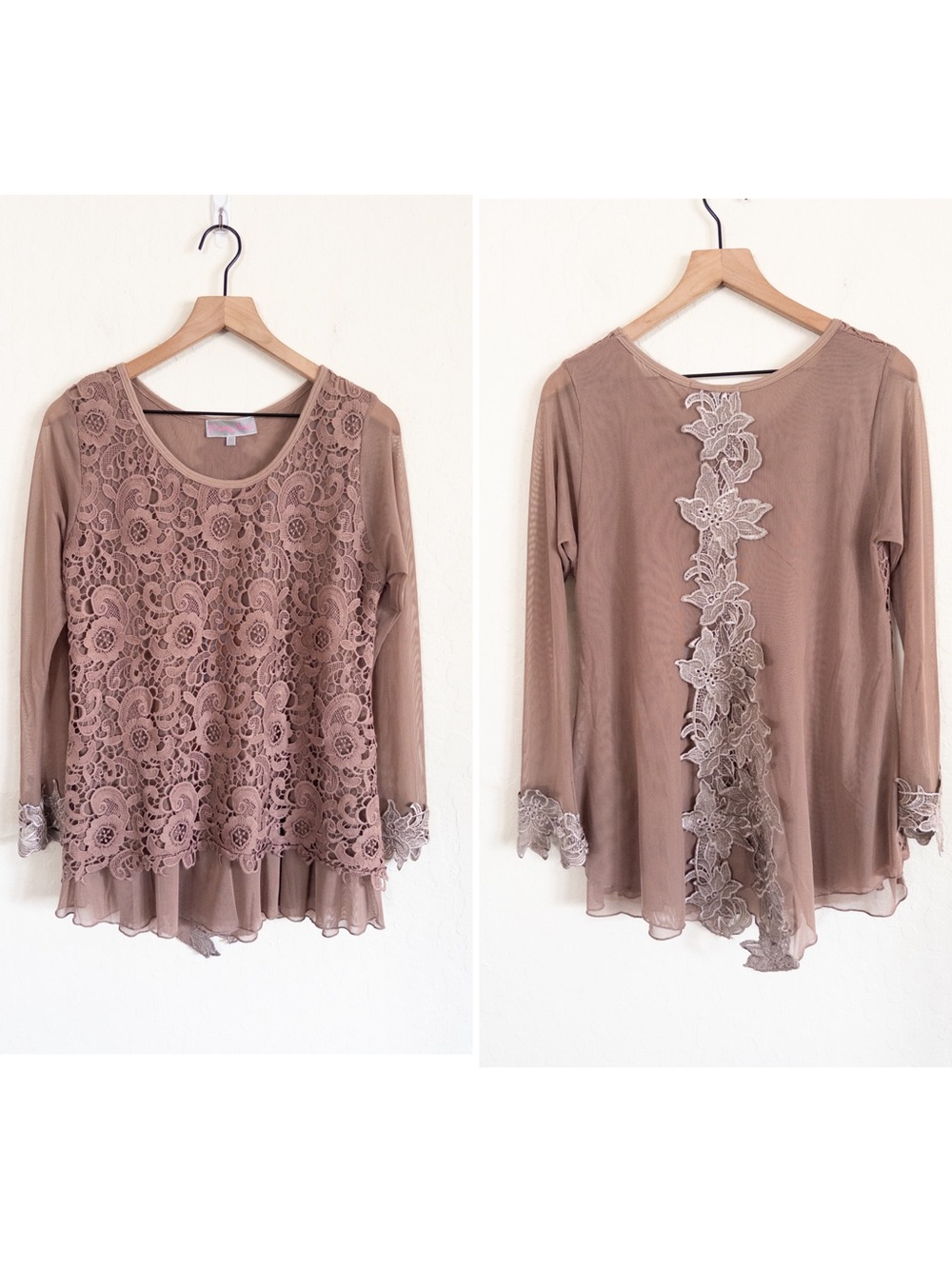 Vintage Pretty Angel Silk Blend Mesh Lace Tunic Top Large Taupe Brown Fairy Boho
